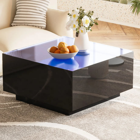 Square High Glossy Coffee Table With 16 Color Led Strip Lights, Modern Center Table With 5Mm Frosted Tempered Glass Top For Living Room - Furniture Home Direct