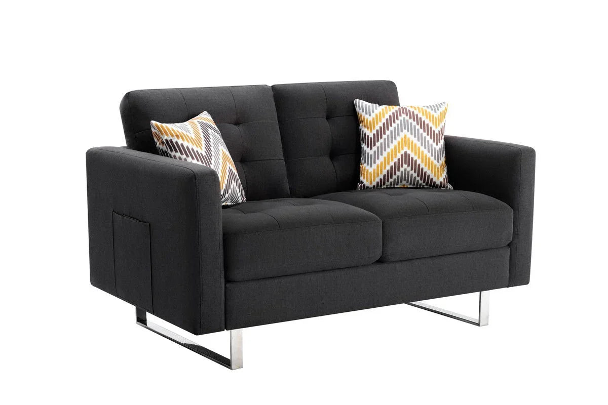 Victoria - Linen Fabric Loveseat With Metal Legs, Side Pockets, And Pillows - Furniture Home Direct