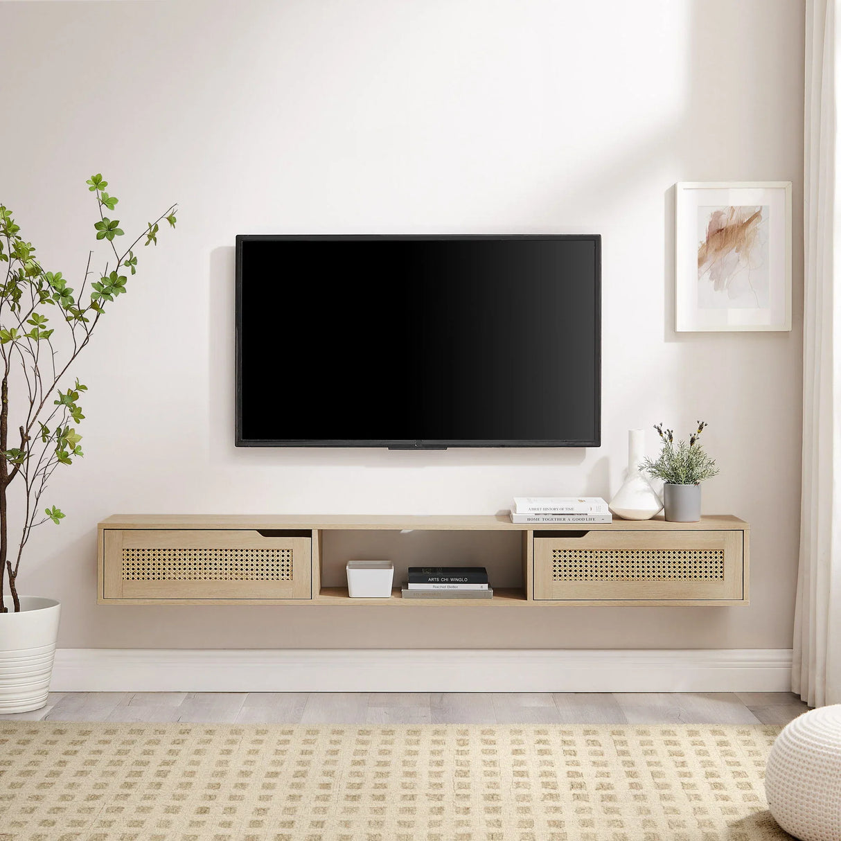 Modern Rattan Door Floating TV Stand For TVs Up To 80" - Furniture Home Direct