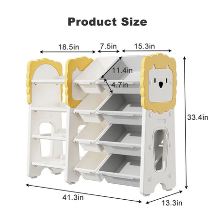 Kids Bookshelf And Toy Storage, 4 Tier Toy Organizers With 8 Removable Storage Bins, Kids Toy Storage Organizer For Study Room - Gray / White / Yellow - Furniture Home Direct