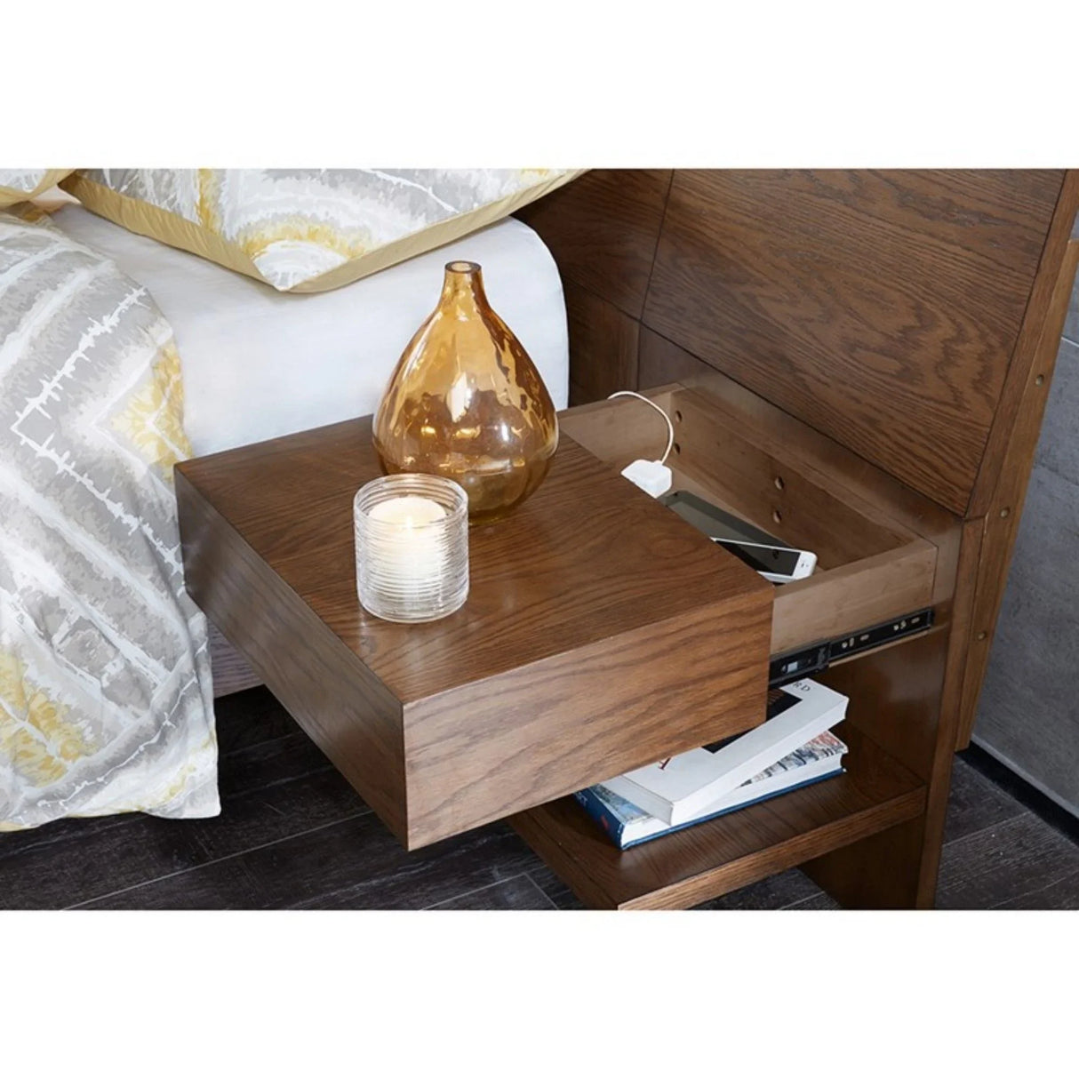 Queen Size Bed With Attached Nightstands And Hidden Storage - Pecan - Furniture Home Direct