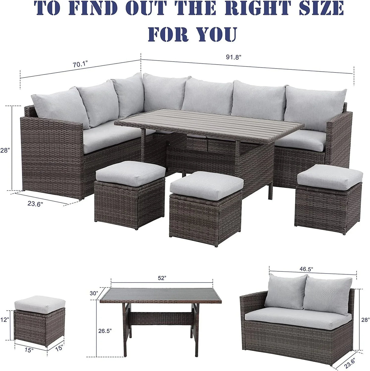 7-Piece Rattan Outdoor Sectional Set With Grey cushions - Furniture Home Direct