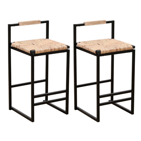 Water Hyacinth Woven Bar Stools With Back Support, Counter Height Dining Chairs (Set of 2) - Natural - Furniture Home Direct
