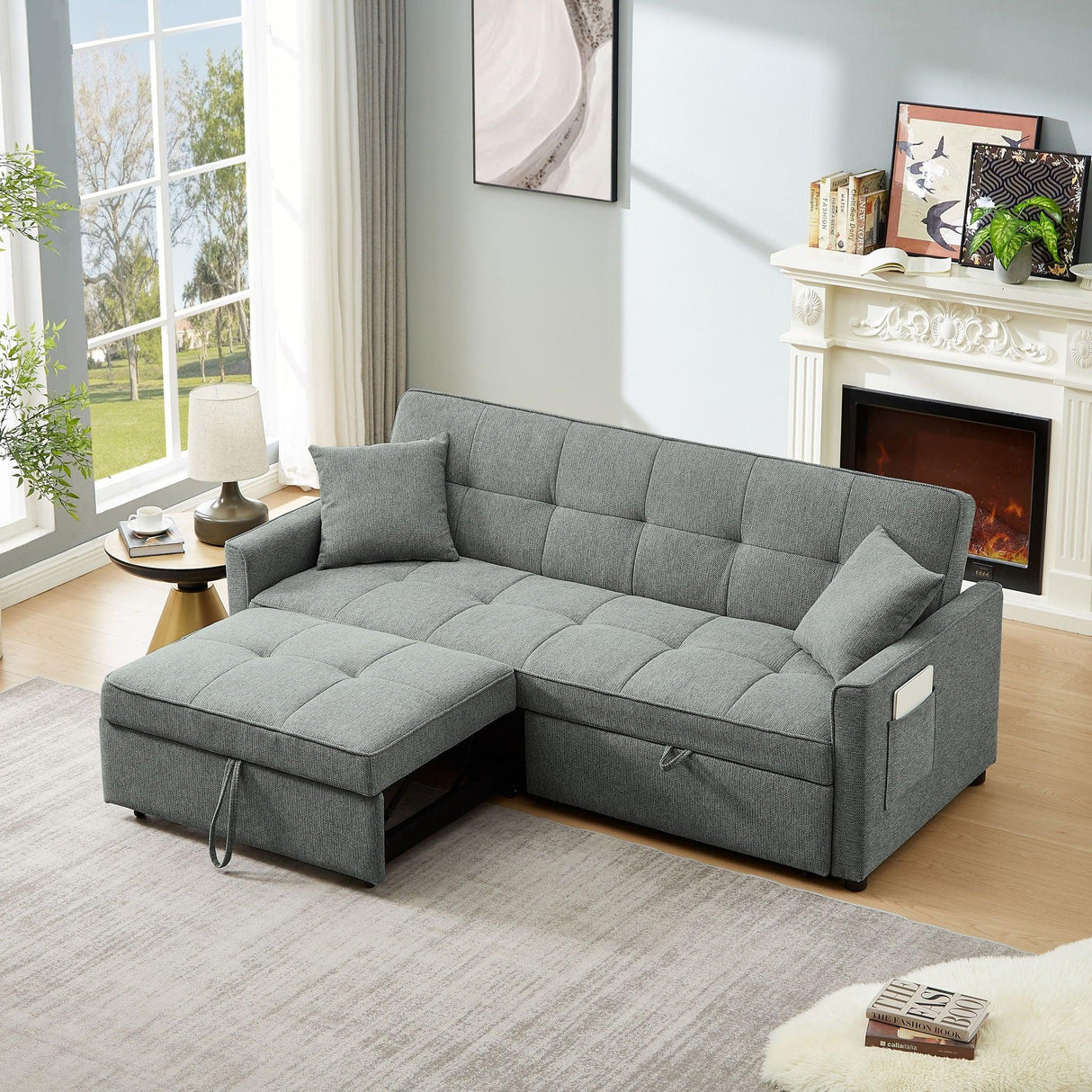 3 In 1 Convertible Sleeper Sofa Bed, Reclining Backrest, Pillows, Pockets - Furniture Home Direct