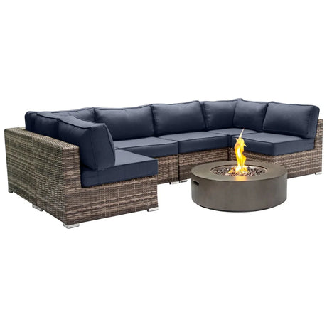 Outdoor 7 Piece Sectional Seating Group With Cushions And Fire Pit - Gray / Navy - Furniture Home Direct