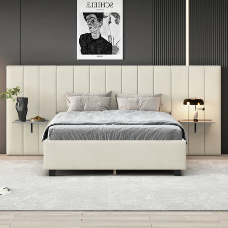 Queen Bed Upholstered Platform Tall Headboard Beige - Furniture Home Direct