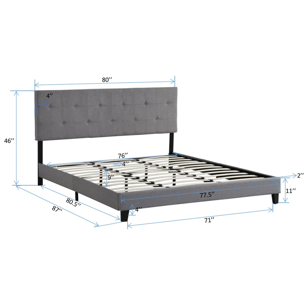 King Size Upholstered Platform Bed Frame With Button Tufted Linen Fabric Headboard, No Box Spring Needed, Wood Slat Support - Furniture Home Direct
