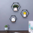 Wall Mounted Hexagonal Floating Shelves - Black (Set of 3) In Different Sizes, Modern Metal Wall Shelf, Simple Wood Partition Storage Shelves, Wall Decor Rack - Natural Wood - Furniture Home Direct