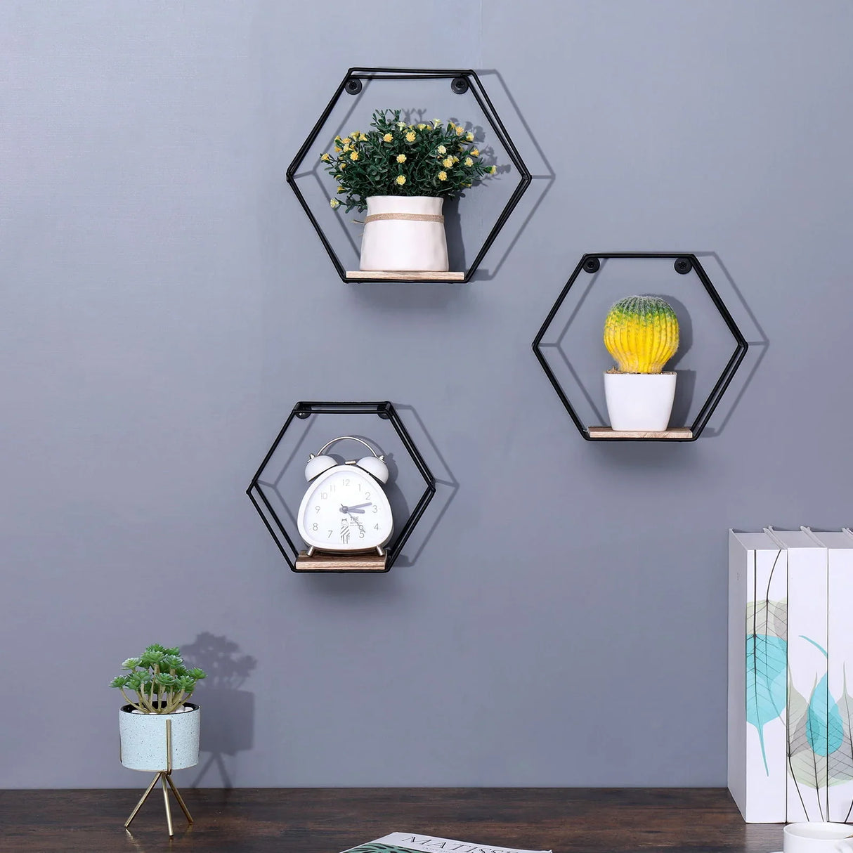 Wall Mounted Hexagonal Floating Shelves - Black (Set of 3) In Different Sizes, Modern Metal Wall Shelf, Simple Wood Partition Storage Shelves, Wall Decor Rack - Natural Wood - Furniture Home Direct