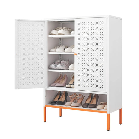 Grid Double Door Shoe Cabinet With Adjustable Compartments And Moisture-Proof Design In White Metal - Furniture Home Direct