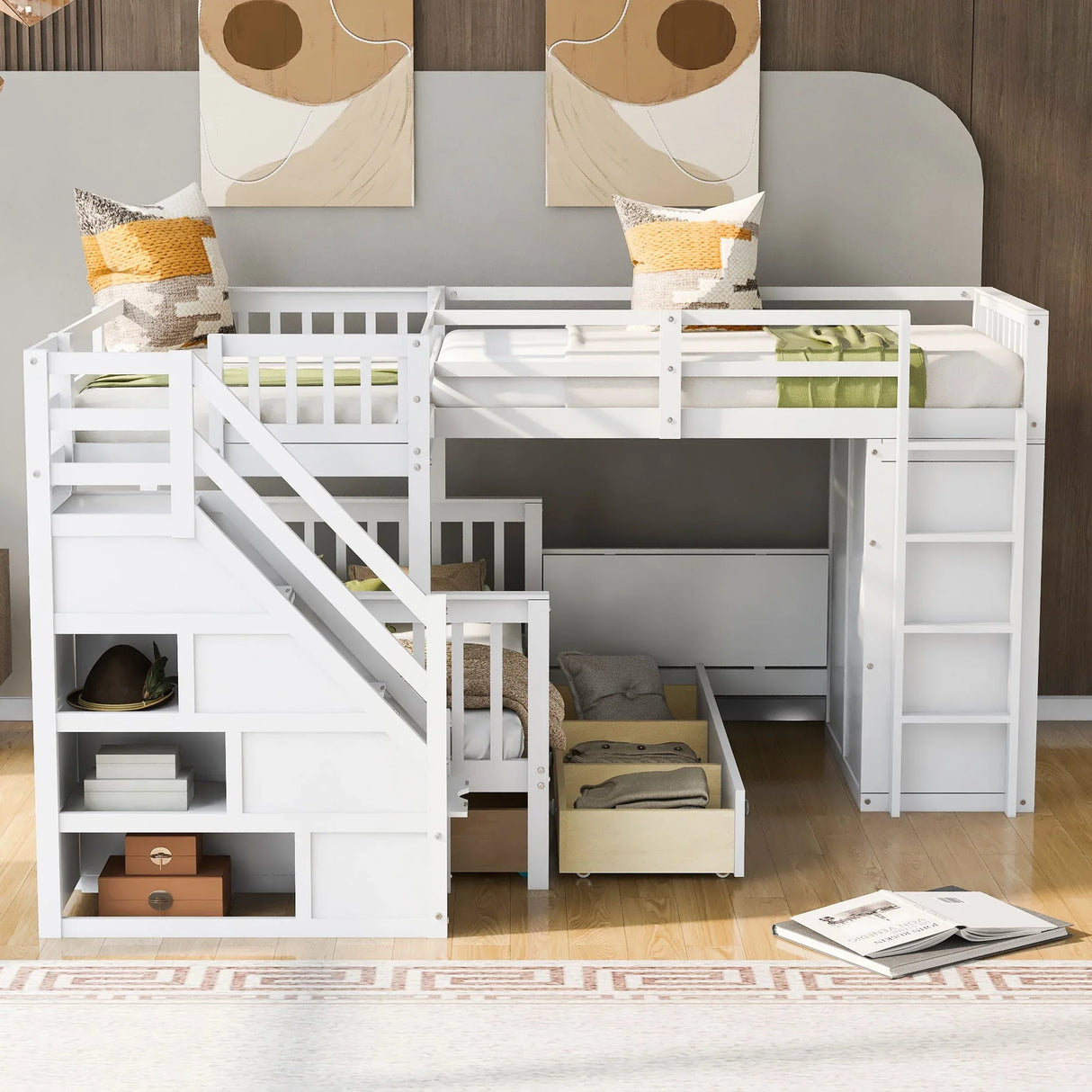 L Shaped Bunk Bed With 3 Drawers, Portable Desk And Wardrobe - Furniture Home Direct