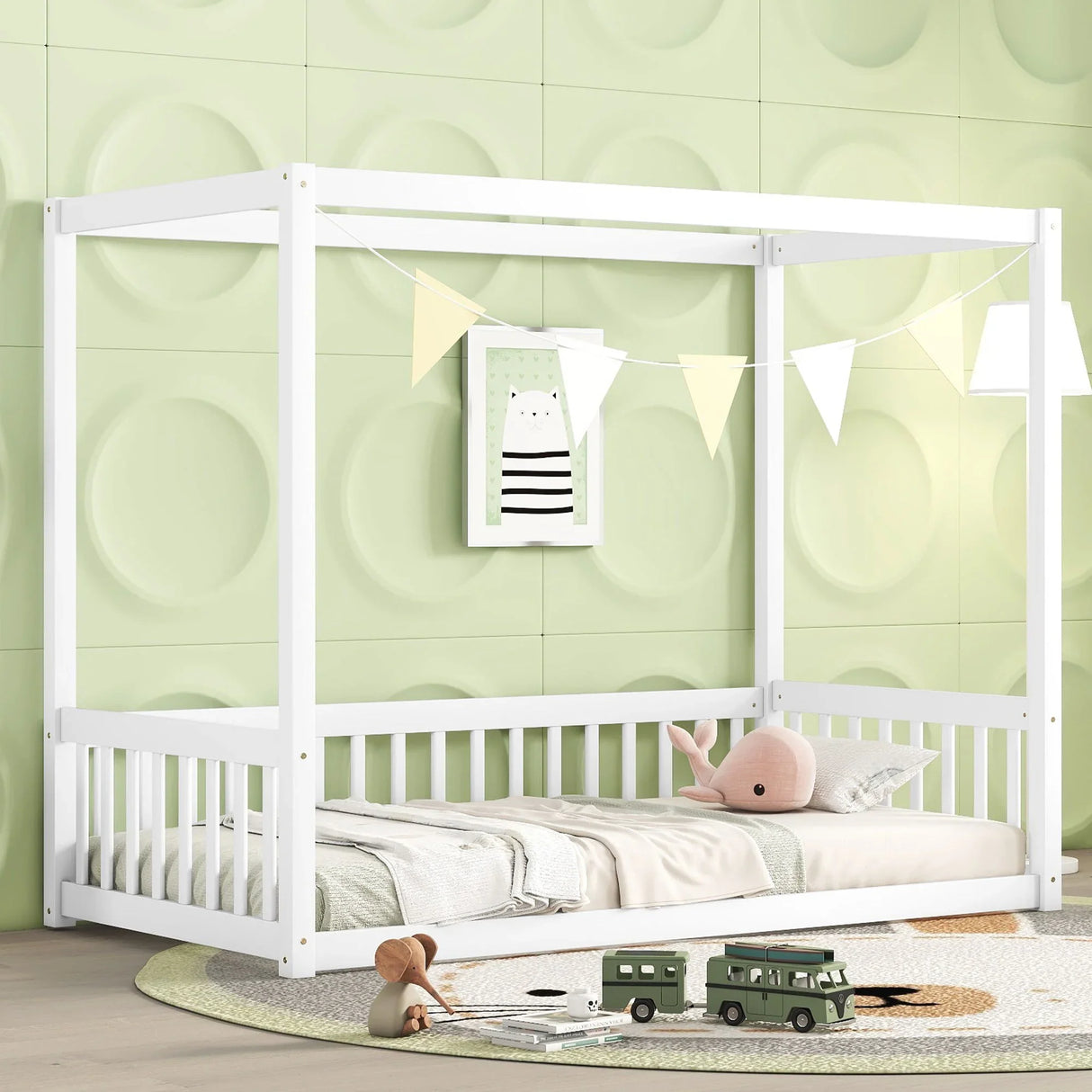 Canopy Frame Floor Bed With Fence, Guardrails - Furniture Home Direct