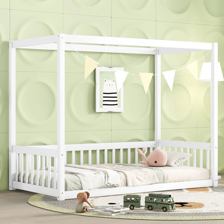 Canopy Frame Floor Bed With Fence, Guardrails - Furniture Home Direct