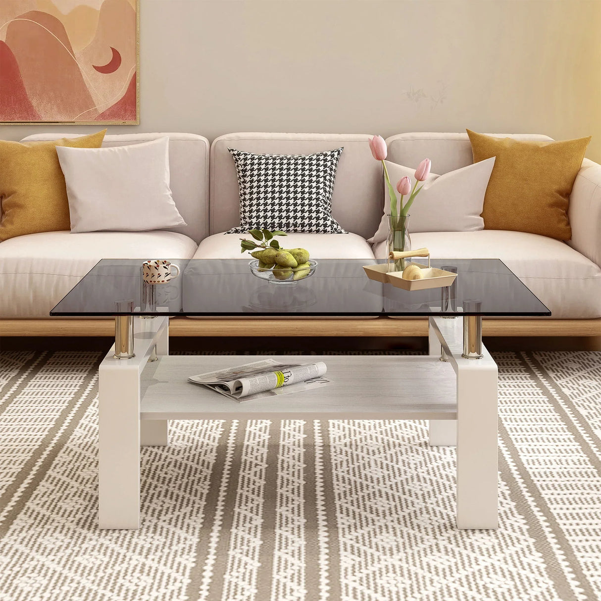 Modern Rectangular Coffee Table With Tempered Transparent Glass Top And Storage Shelf - Furniture Home Direct