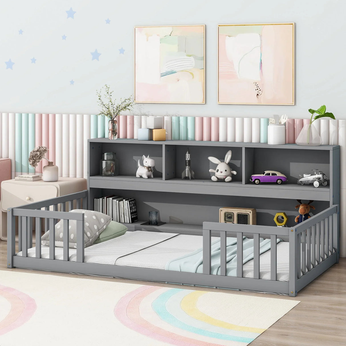 Floor Bed With Bedside Bookcase, Shelves, Guardrails - Furniture Home Direct