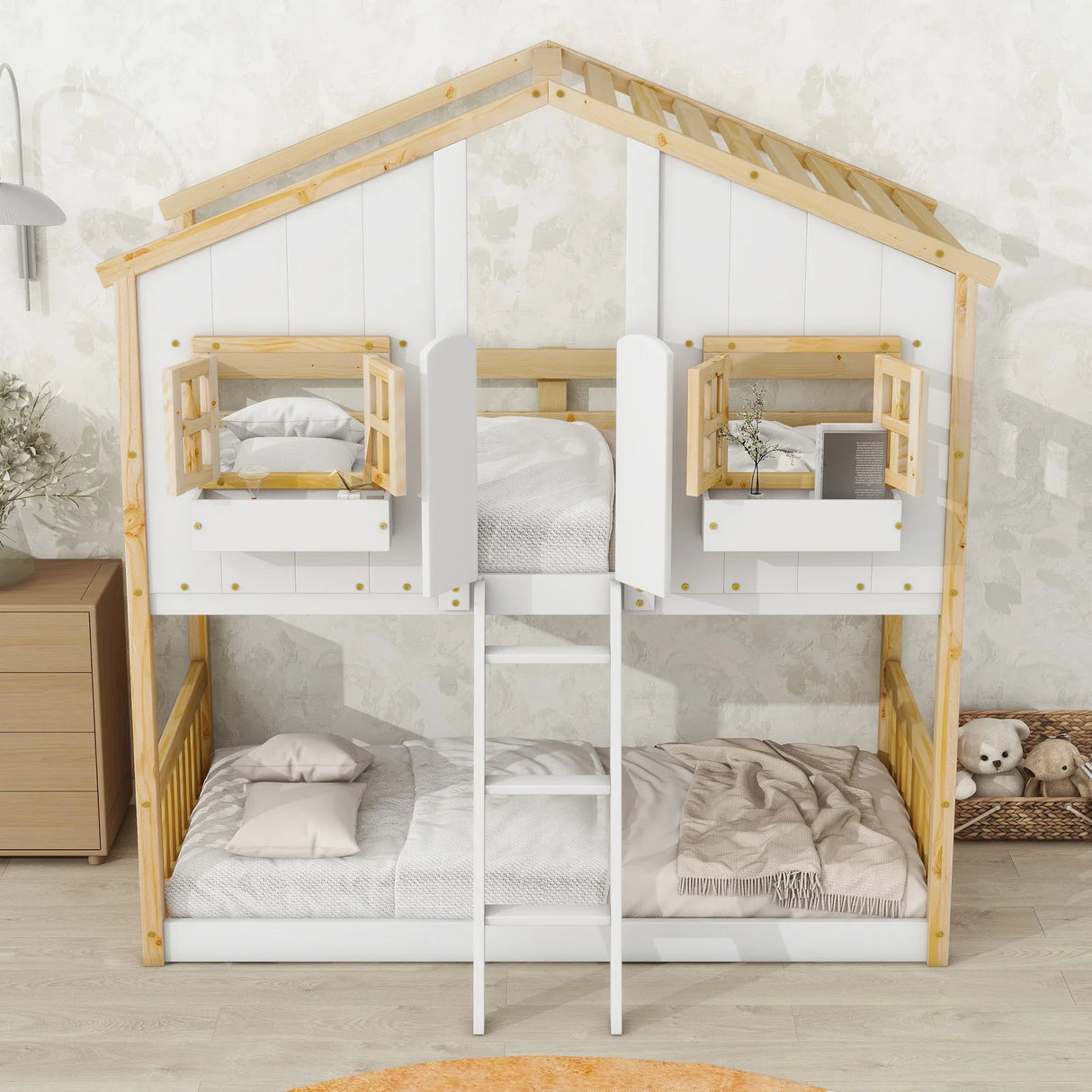 House Bunk Bed With Roof, Window, Window Box, Door, With Safety Guardrails And Ladder - Furniture Home Direct