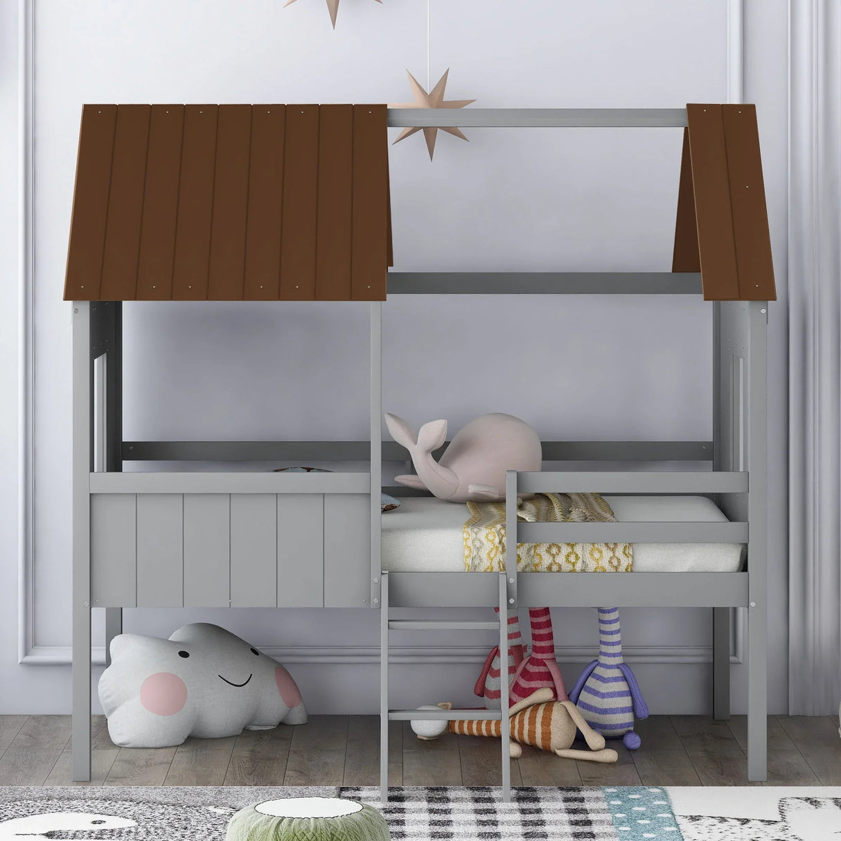 Twin Size Low Loft House Bed With Two Side Windows - Gray / Brown - Furniture Home Direct