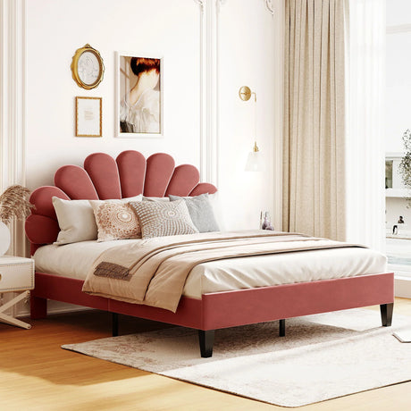 Upholstered Platform Bed With Flower Pattern Velvet Headboard - Furniture Home Direct
