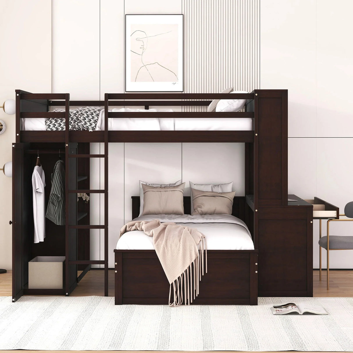 Loft Bed With A Twin Size Standalone Bed, Shelves, Desk, And Wardrobe - Furniture Home Direct