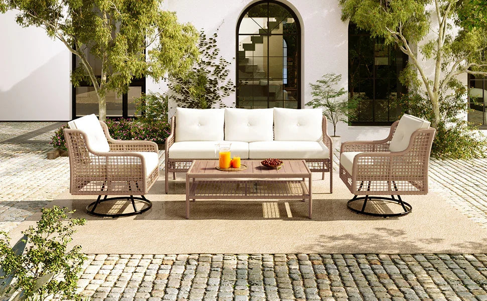 4 Piece Outdoor Patio Set with Swivel Chairs - Beige - Furniture Home Direct