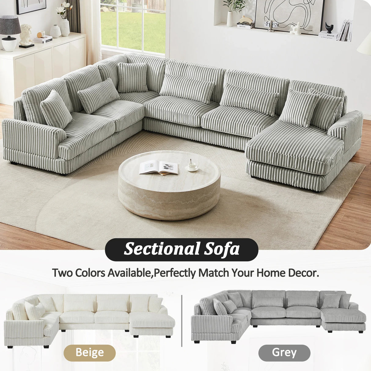 Sectional Sofa Oversized U Shaped Corduroy Fabric Gray - Furniture Home Direct