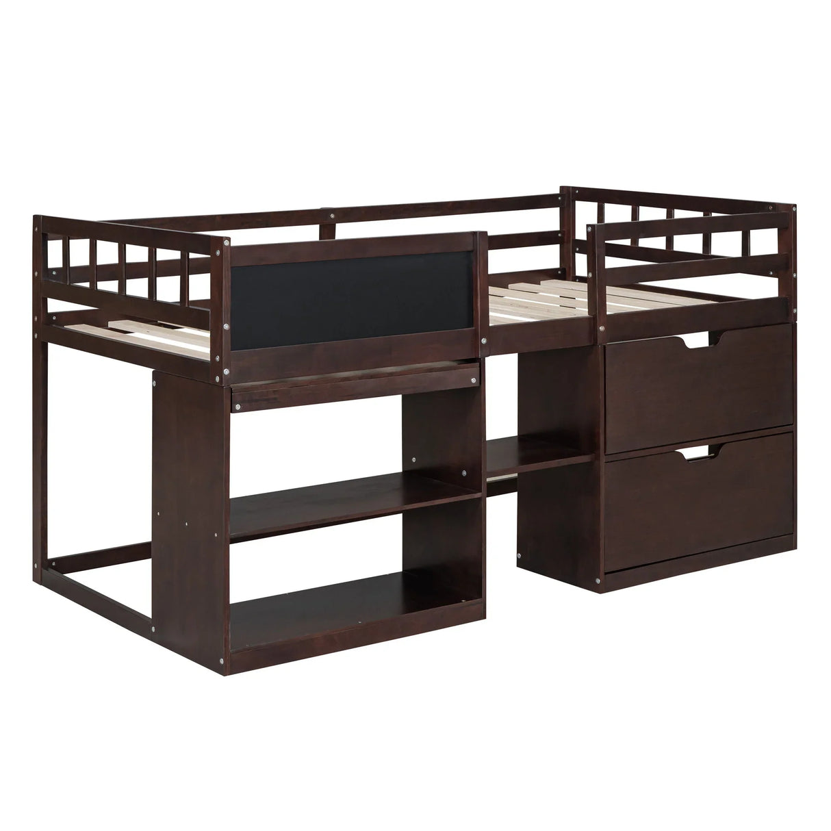 Low Loft Bed With Rolling Desk, Shelf And Drawers - Furniture Home Direct