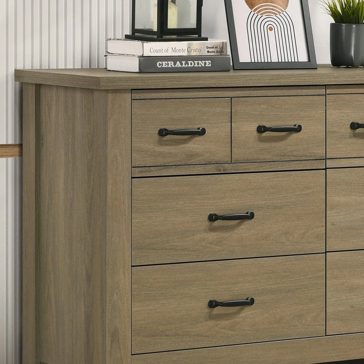 Finn - Oak Finish Dresser With 6 Drawers And Black Handles - Coffee Gray - Furniture Home Direct