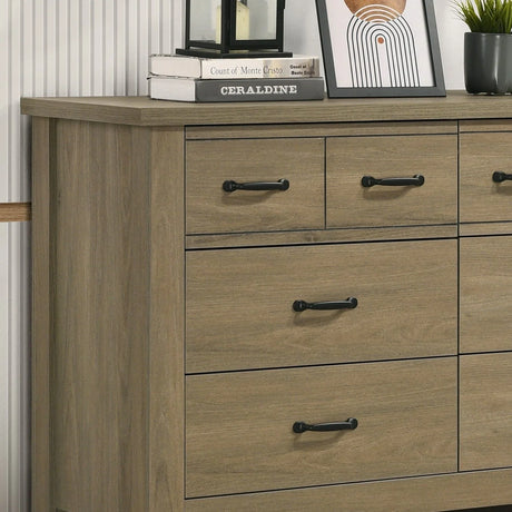Finn - Oak Finish Dresser With 6 Drawers And Black Handles - Coffee Gray - Furniture Home Direct