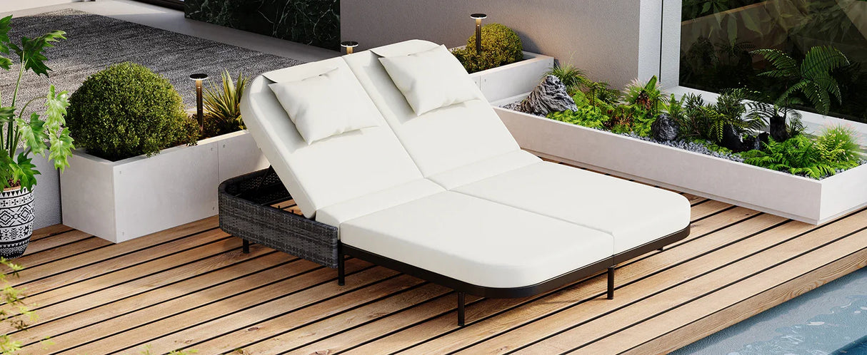 Outdoor Wicker Double Chaise (Black Frame+Beige Cushion) - Furniture Home Direct