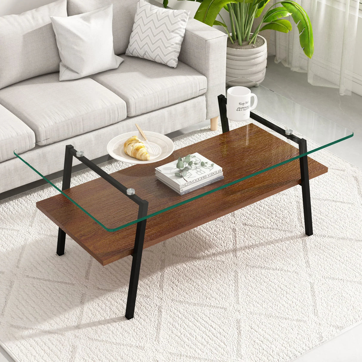Rectangle Coffee Table, Tempered Glass Tabletop With Metal Legs, Modern Table For Living Room - Furniture Home Direct