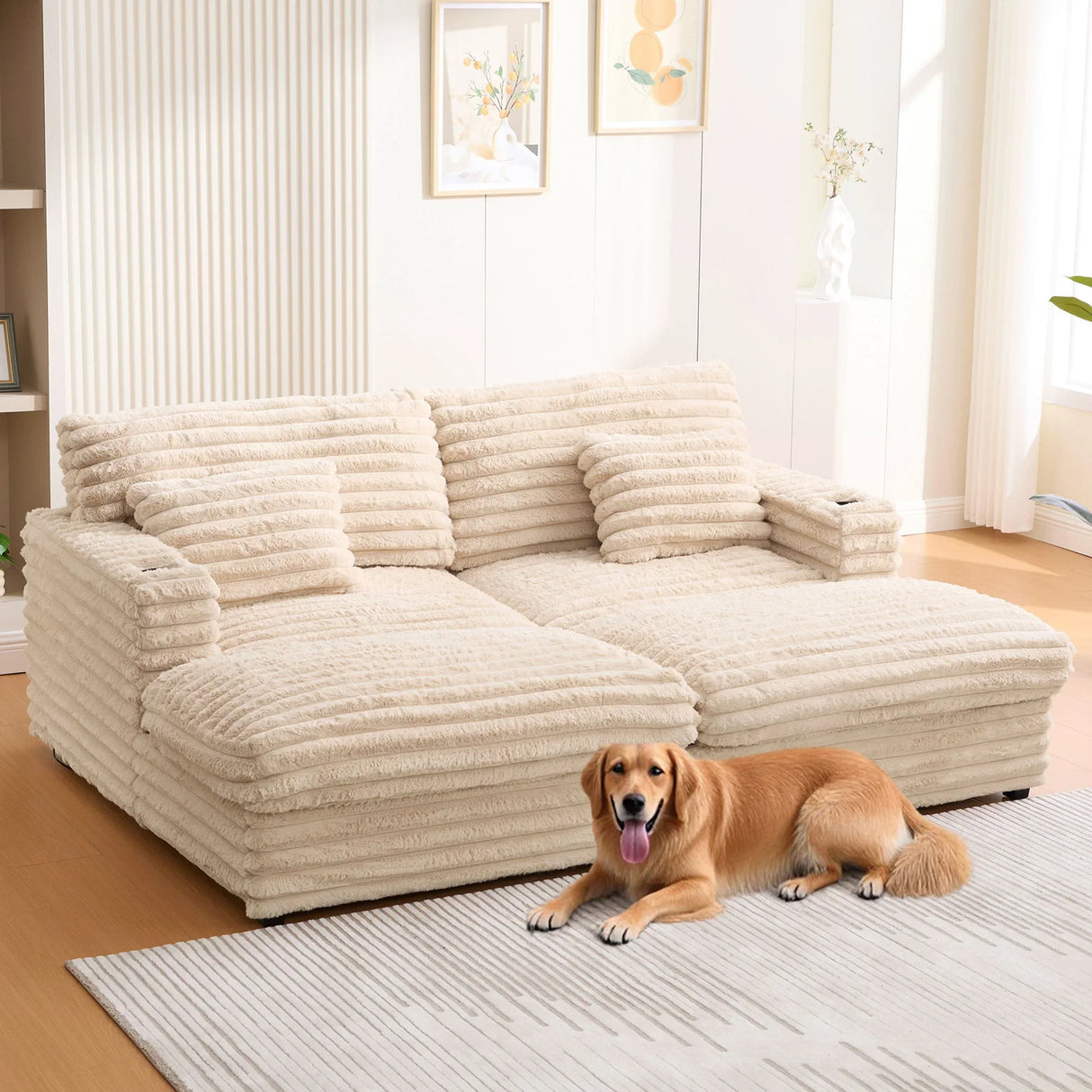 Plush Oversized Double Chaise Lounge Sofa Bed With USB Ports And Cup Holders - Furniture Home Direct