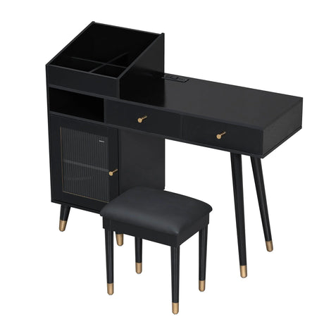 Modern Makeup Vanity Desk With Drawers Cabinet & Charging Port Engineered Wood Space Saving Design For Small Places - Black - Furniture Home Direct