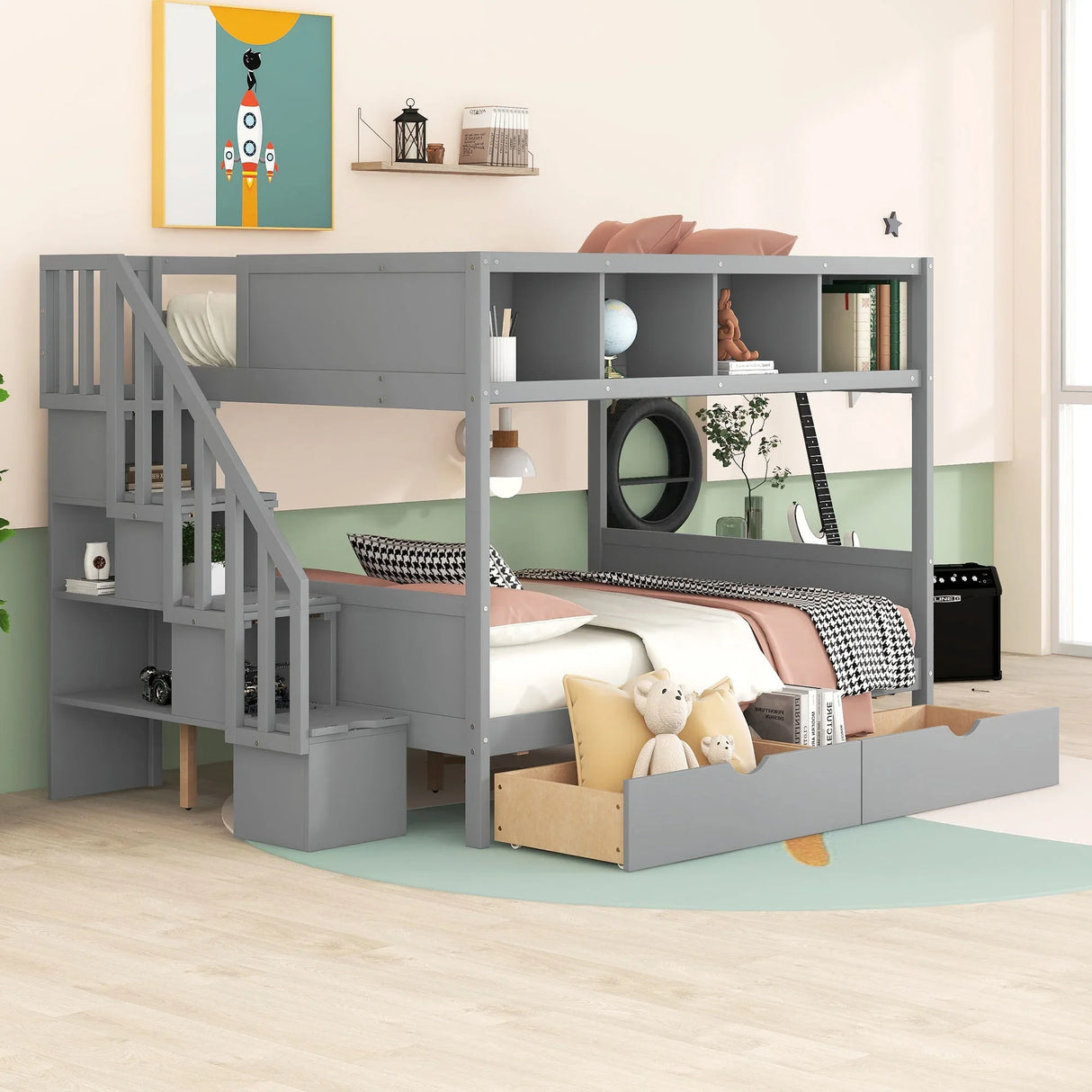 Bunk Bed With Shelfs, Storage Staircase And 2 Drawers - Furniture Home Direct