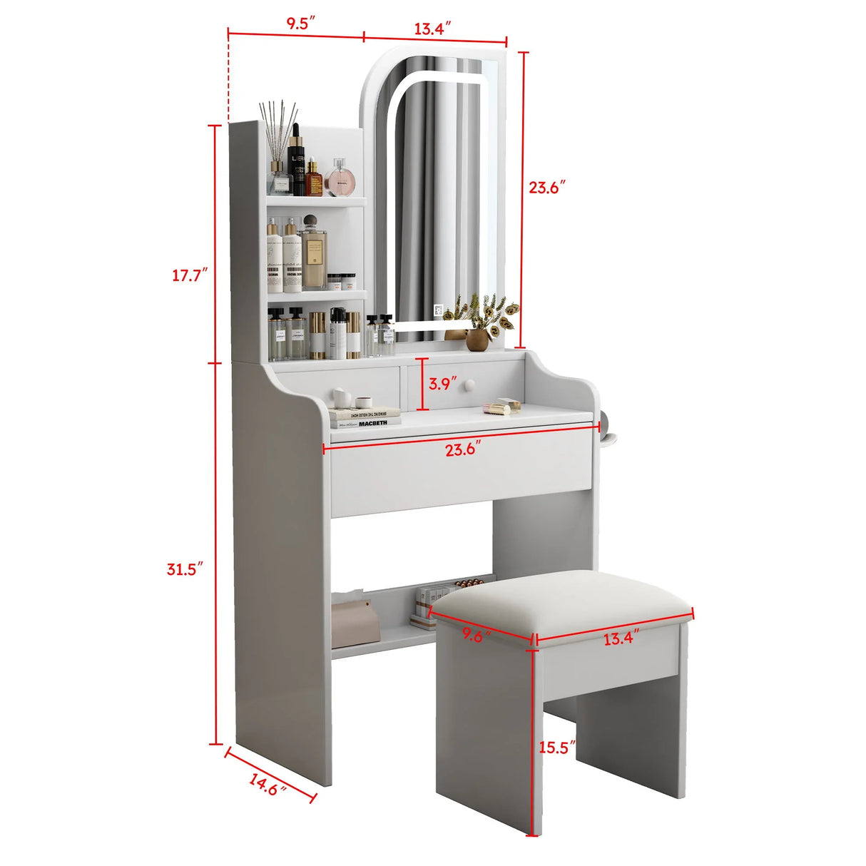 Fashion Vanity Desk With Mirror And Lights For Makeup, Hair Dryer Holder And Chair, Adjustable Lighting - White - Furniture Home Direct