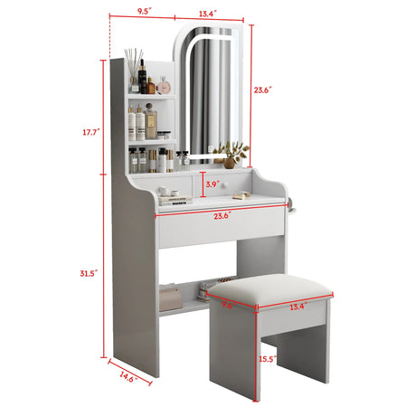 Fashion Vanity Desk With Mirror And Lights For Makeup, Hair Dryer Holder And Chair, Adjustable Lighting - White - Furniture Home Direct