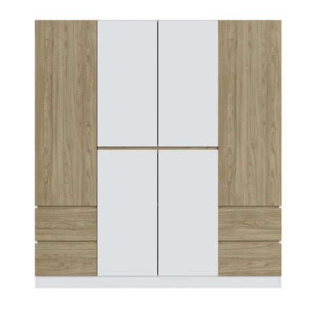 6 Doors Wardrobe Storage For Bedroom, With 4 Drawers - White / Nature - Furniture Home Direct