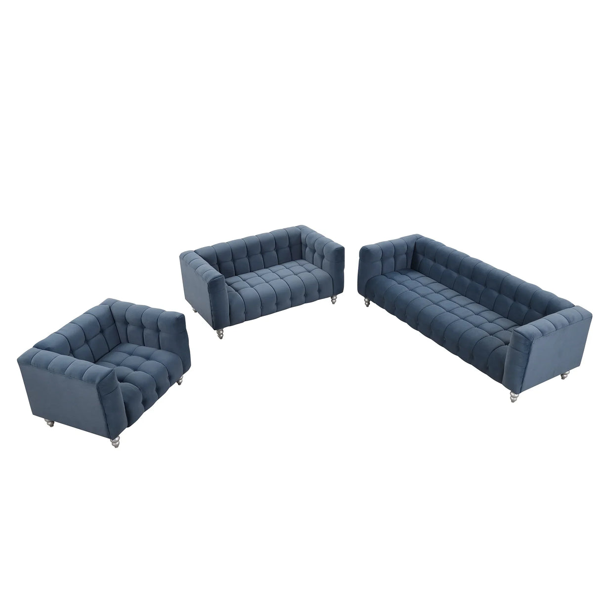 Modern 3-Living Room Set Including Sofa, love seat and Chair with solid wood legs, buttoned tufted backrest - Blue - Furniture Home Direct