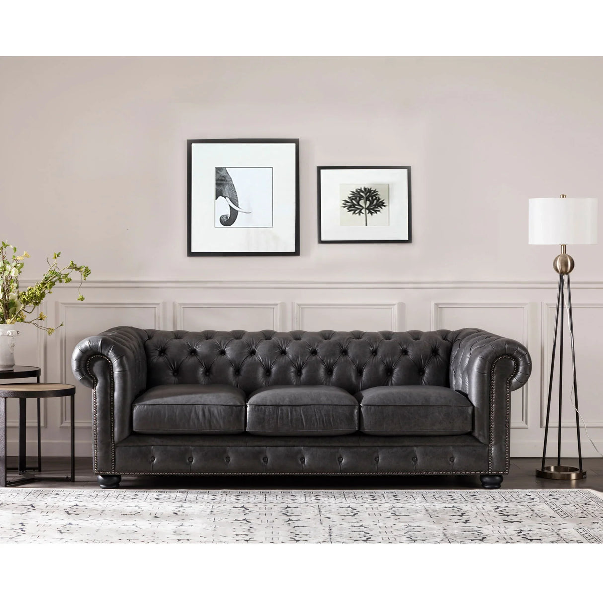 Traditional Tufted Leather Chesterfield Nailhead Sofa - Furniture Home Direct