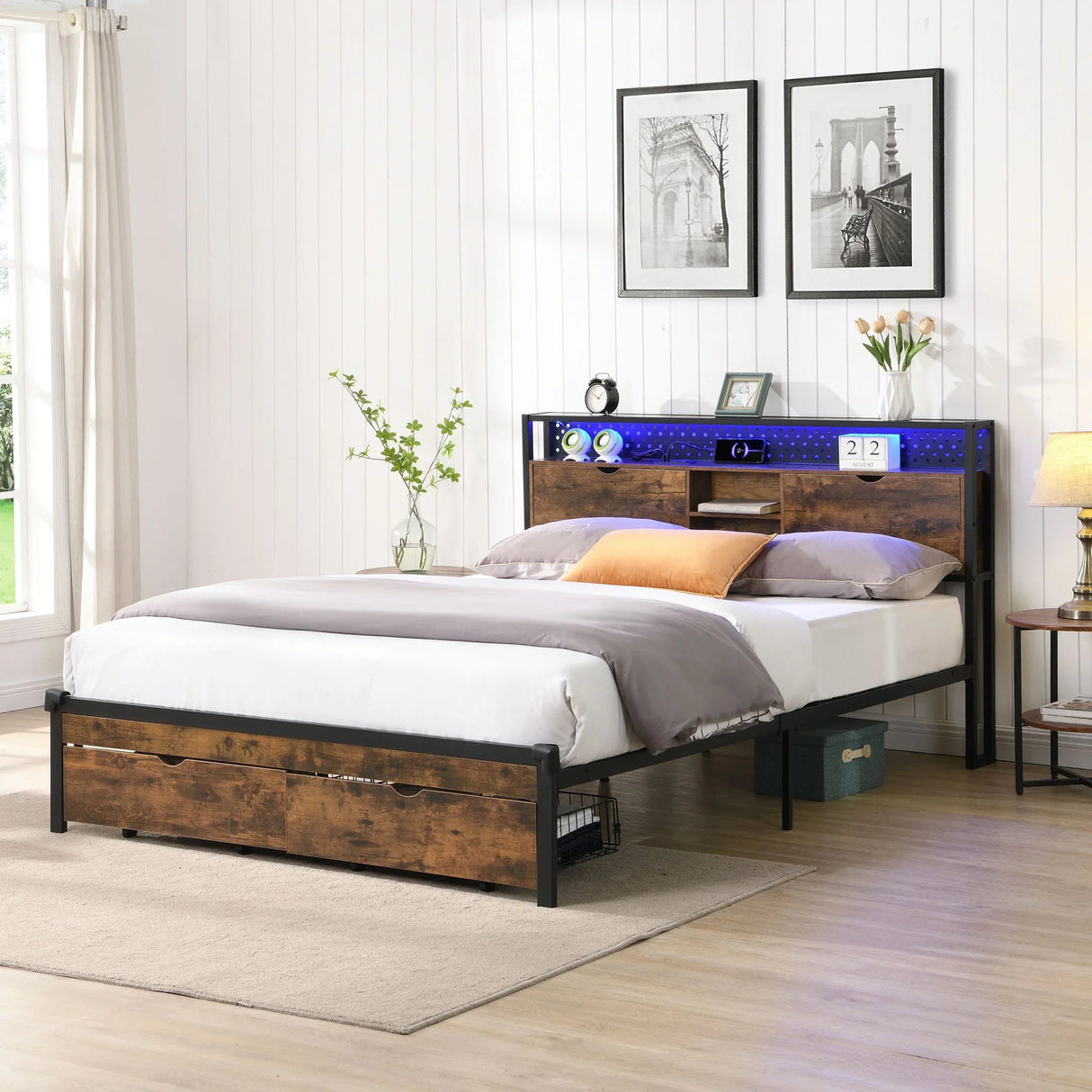 Modern Metal Platform Bed Frame With Wooden Headboard, USB Charging Station, Storage Drawers - Furniture Home Direct