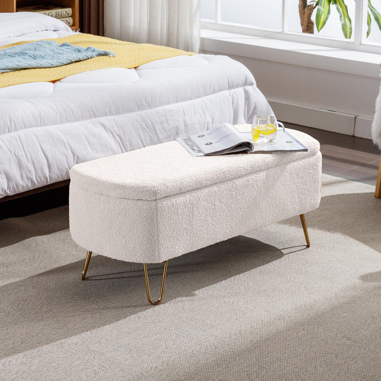 Storage Ottoman Bench For End Of Bed Gold Legs, Modern Camel Faux Fur Entryway Bench Upholstered Padded With Storage For Living Room Bedroom - Furniture Home Direct
