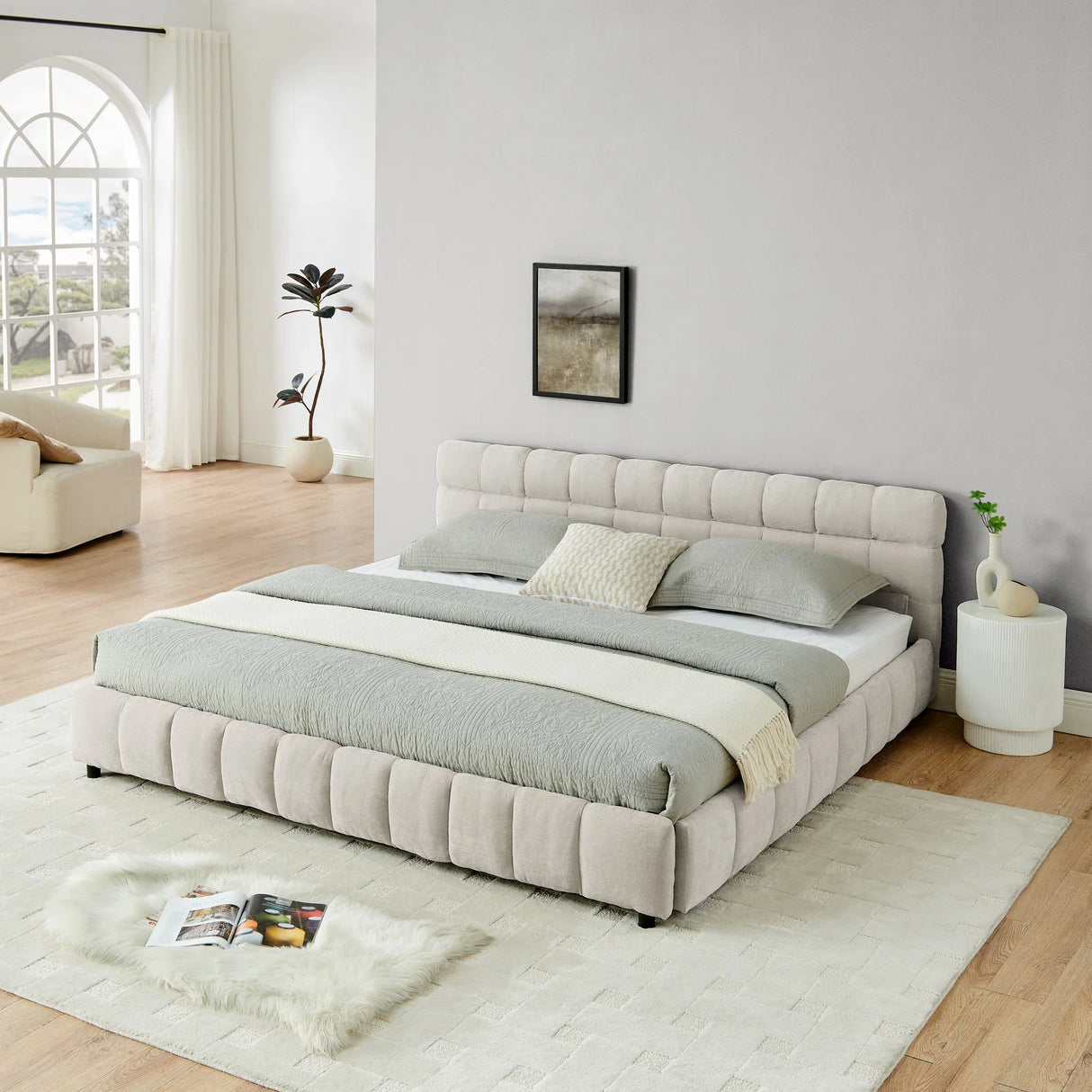 Modern Platform Bed Frame With Thick Chenille Fabric - Furniture Home Direct