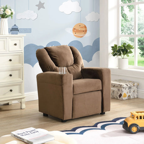 Kids Recliner Chair, Kids Upholstered Couch With One Cup Holder, Toddlers Recliner With Headrest And Footrest - Brown - Furniture Home Direct