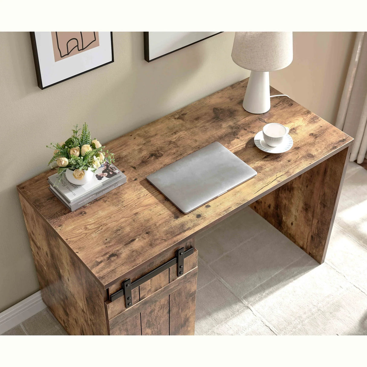 Home Office Desk One Cabinet Three Shelves Faux Barn Door On Metal Euro Hinges Modesty Panel - Distressed Wood - Furniture Home Direct