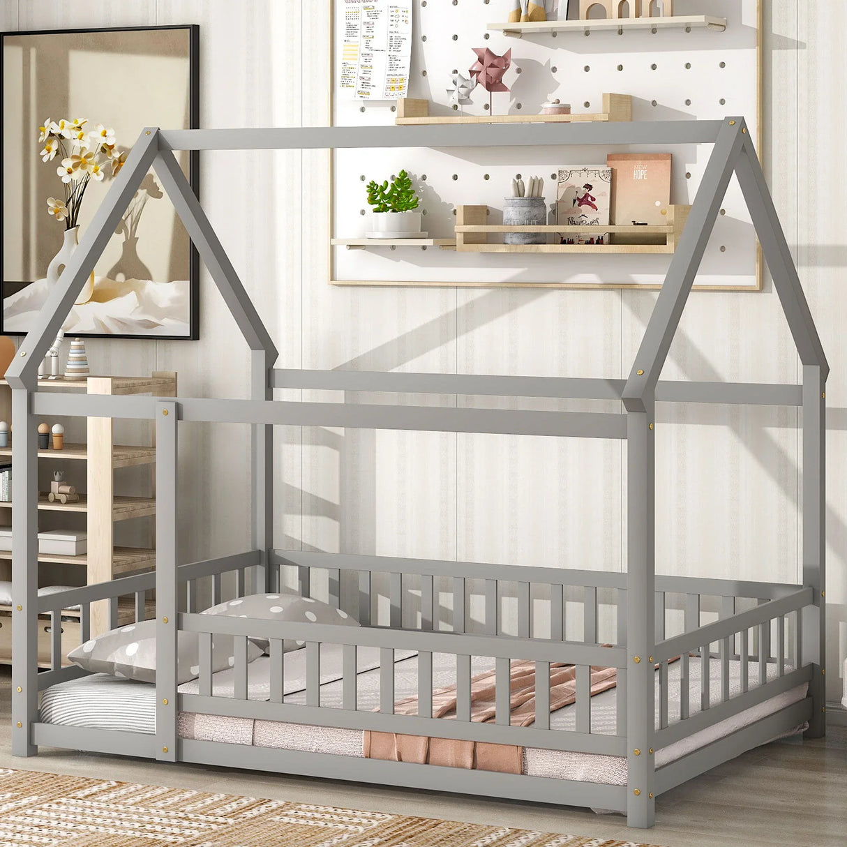 Floor Wooden Bed With House Roof Frame, Fence Guardrails - Furniture Home Direct