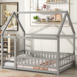 Floor Wooden Bed With House Roof Frame, Fence Guardrails - Furniture Home Direct