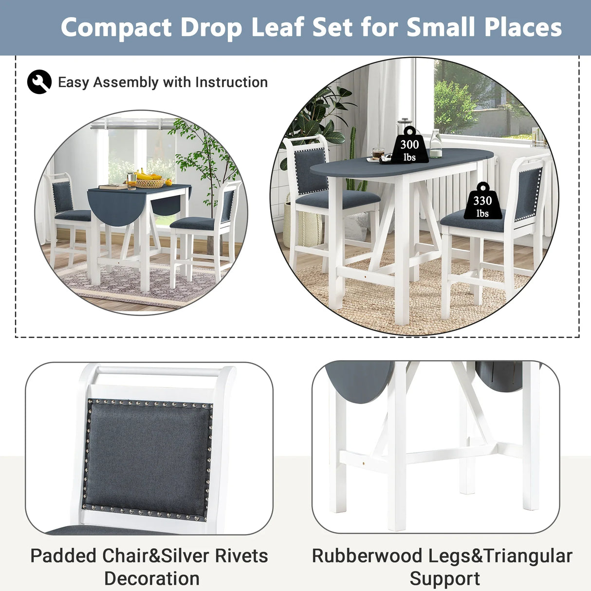 Dining Set Drop Leaf Counter Height With 2 Chairs White Gray - Furniture Home Direct