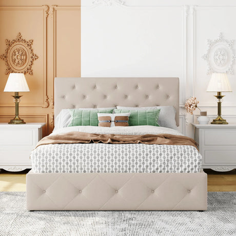 Platform Bed With Hydraulic Storage Upholstered Beige - Furniture Home Direct