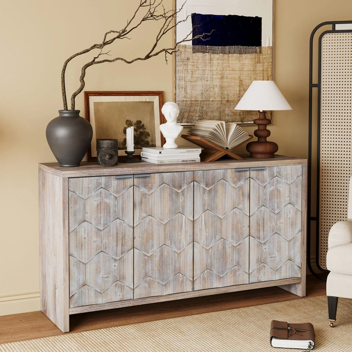 Accent Cabinet Farmhouse Style 4 Door Wooden Cabinet Sideboard Buffet Server Cabinet Storage Cabinet, For Living Room, Entryway, Hallway, Office, Kitchen And Dining Room - Furniture Home Direct
