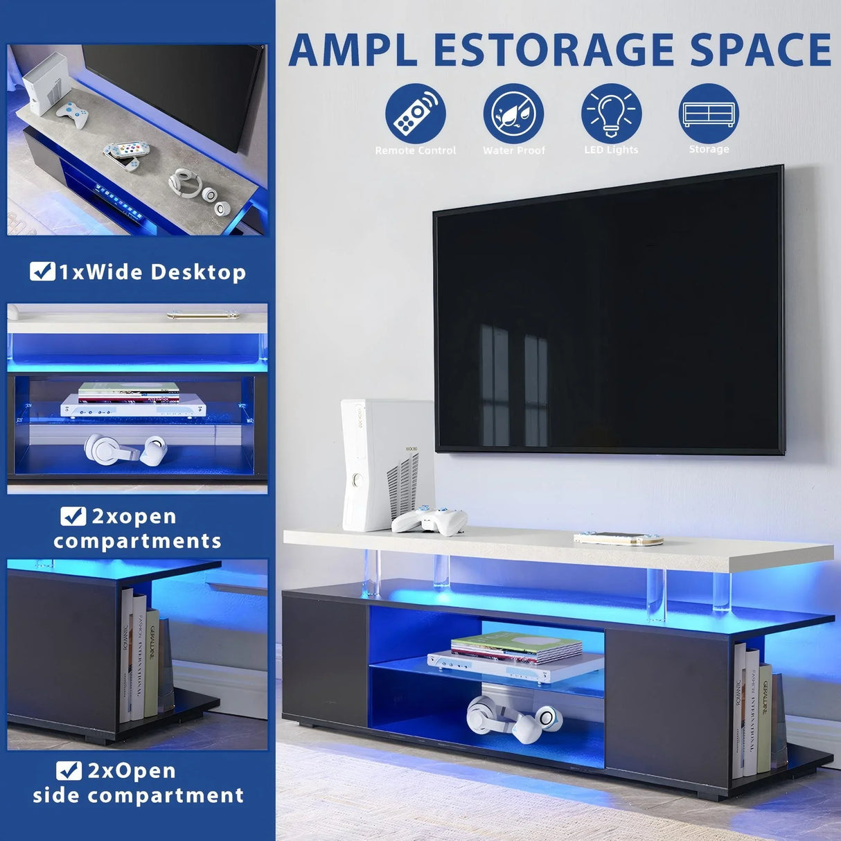 TV Stant With LED And Large Side Cabinet - Furniture Home Direct