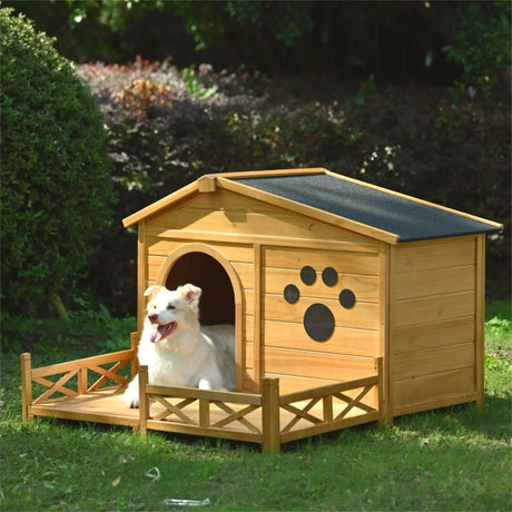 Wooden Dog House Outdoor With Porch, Dog Kennel With Water Resistant Asphalt Roof And Fencing, Indoor & Outdoor Dog Crate With Paw Print, Medium - Nature - Furniture Home Direct